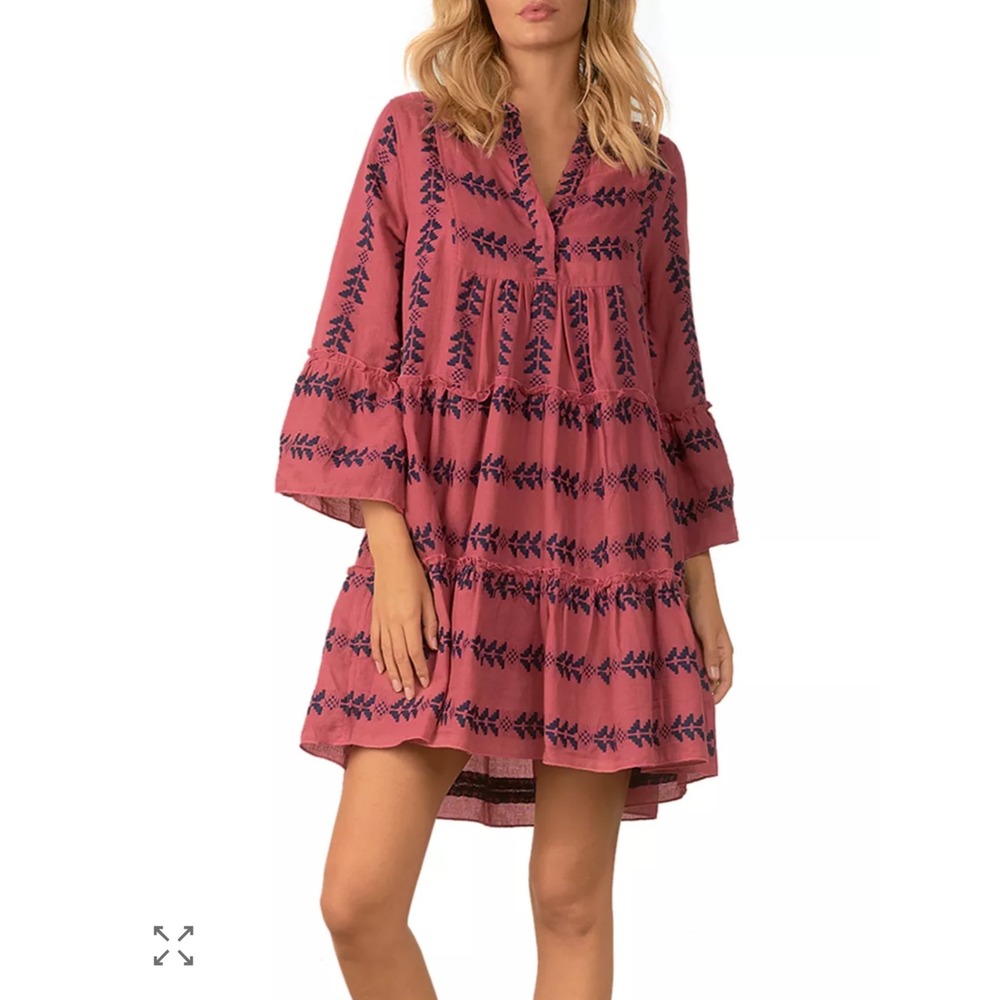 Elan Pink Swing embroidered Geometric Tiered Cotton Boho Mini Dress pink Medium